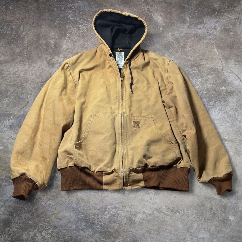 Distressed Carhartt J200 BRN Duck Jacket Men’s XL Tan Insulated Quilted Lined Ho